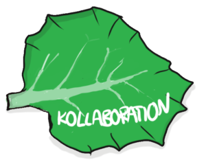 Zeichung einers Salatblattes als Burgerzutat mit der Aufschrift "Kollaboration"