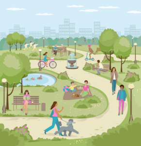 Ein gemaltes Bild von einem Park mit Ententeich, Brunnen und Menschen